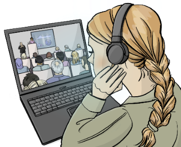 Eine Frau sitzt mit Kopfhörern vor einem Laptop.